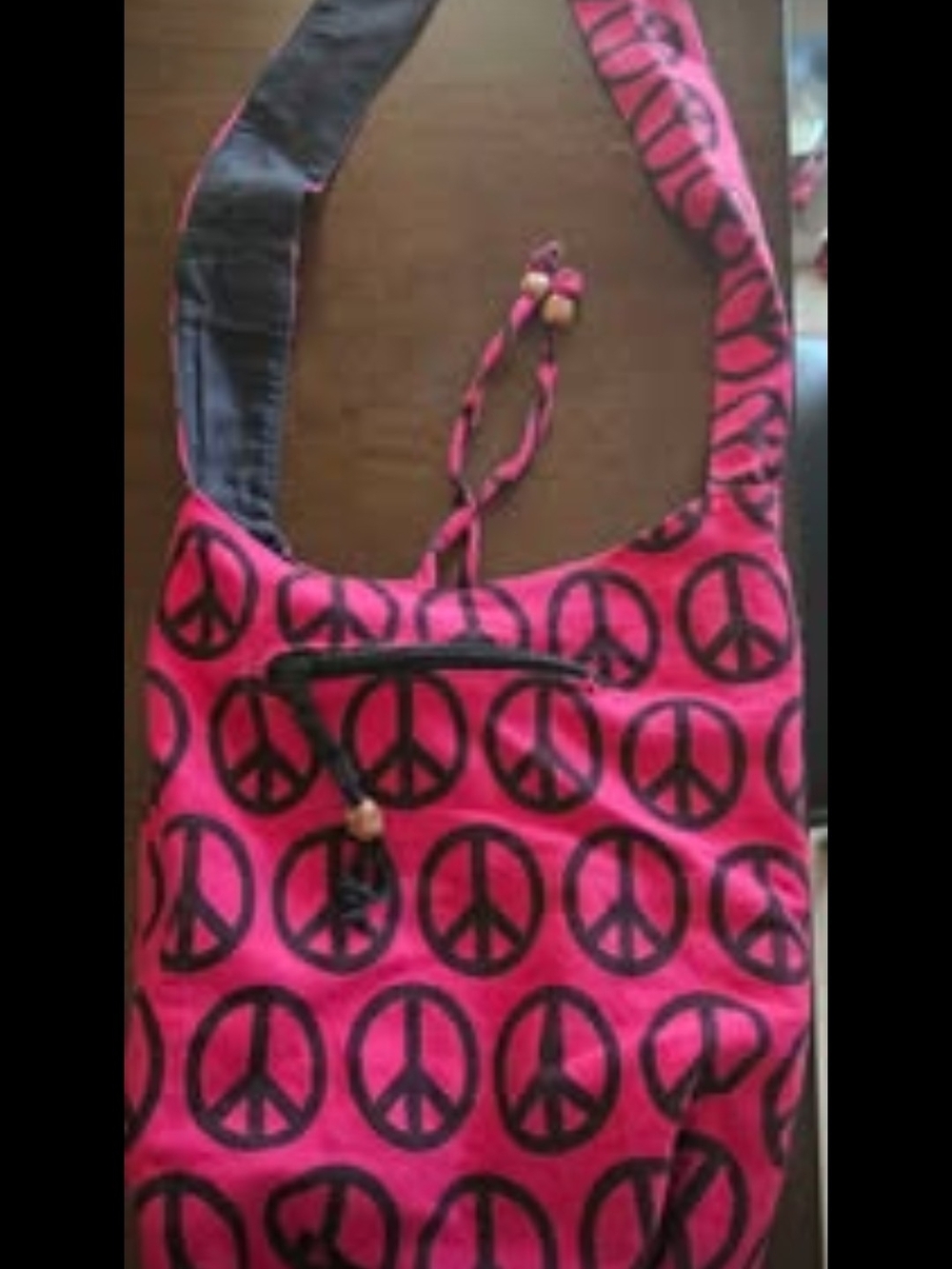 Bright Pink Peace Sign Shoulder Bag with Black Print